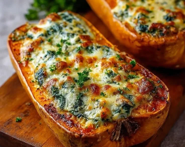 Stuffed butternut squash with spinach and turkey bacon on a plate