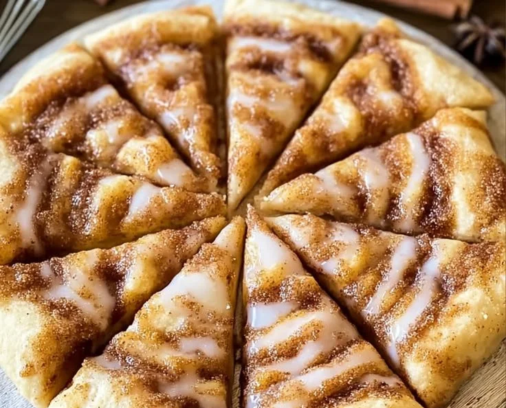 Sweet cinnamon swirl pizza topped with icing and cinnamon sugar