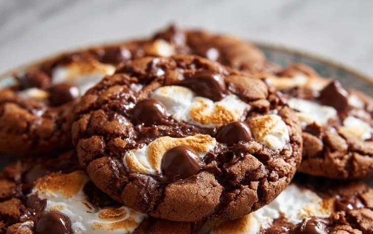 Swirled chocolate cookies with marshmallows fresh from the oven