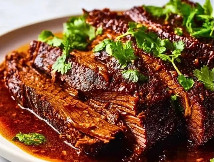 Deliciously tender braised beef brisket served on a plate with vegetables