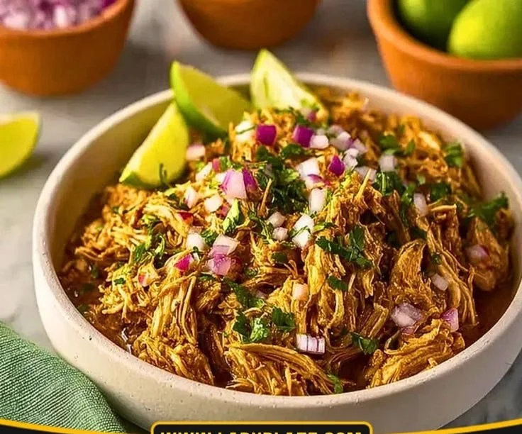 Tender Instant Pot shredded chicken in a bowl for tacos, garnished with toppings.
