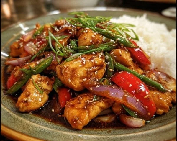 Plate of Thai Chicken with Sweet and Spicy Sauce garnished with herbs