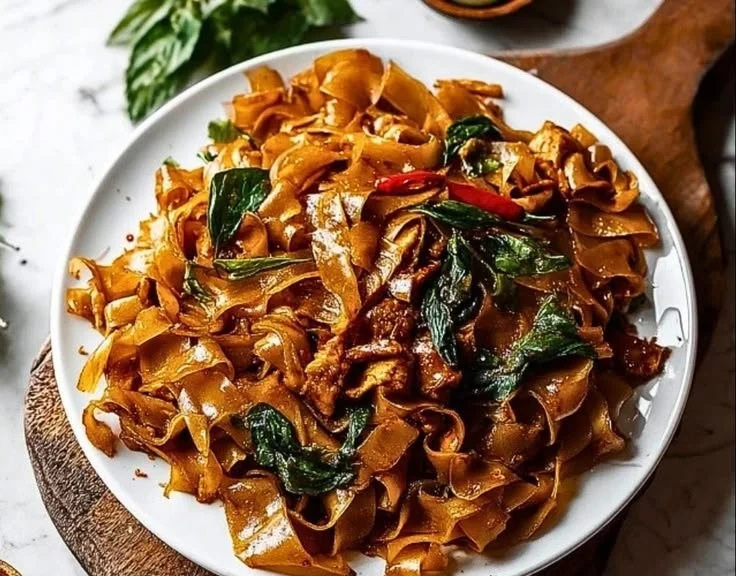Plate of Thai drunken noodles featuring colorful vegetables and herbs.