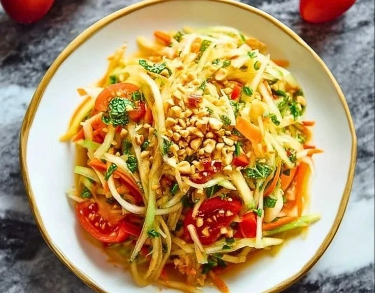 Fresh Thai green papaya salad topped with herbs and tamarind dressing
