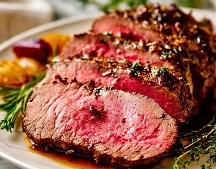 Delicious, juicy top round roast served with herbs and spices.