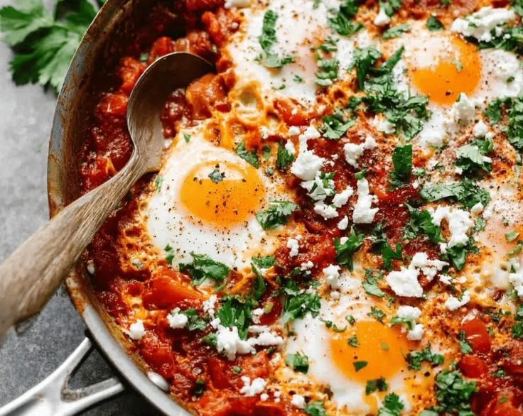 Traditional shakshuka served in a skillet with fresh herbs