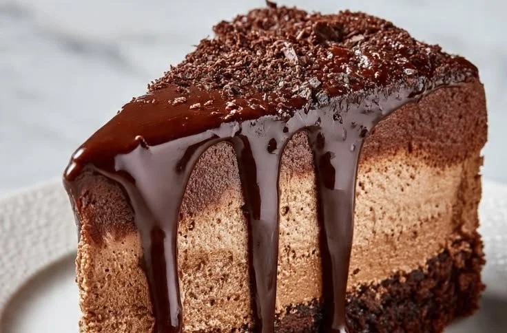 Triple Chocolate Mousse Cake topped with chocolate shavings and whipped cream