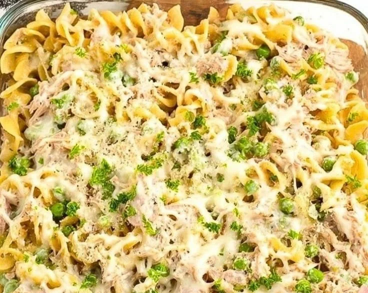 Delicious homemade tuna casserole in a baking dish