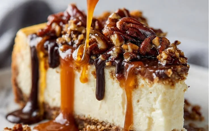 Delicious Turtle Cheesecake topped with caramel and pecans