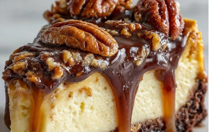 Delicious Turtle Cheesecake topped with chocolate, caramel, and pecans.
