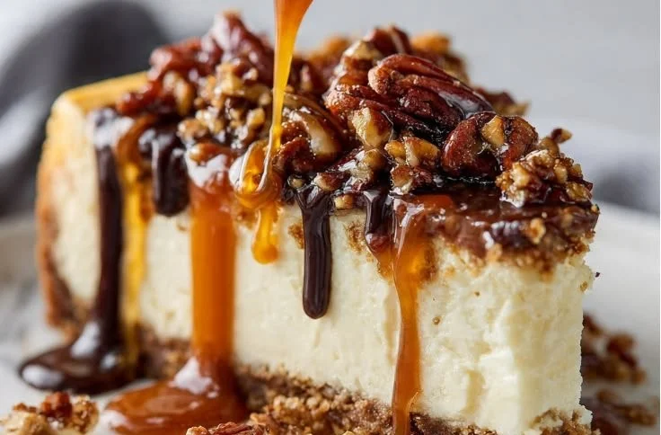 Delicious slice of Turtle Cheesecake topped with chocolate and caramel sauce