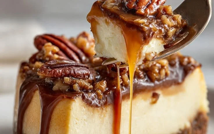 Delicious turtle cheesecake topped with caramel, chocolate, and pecans