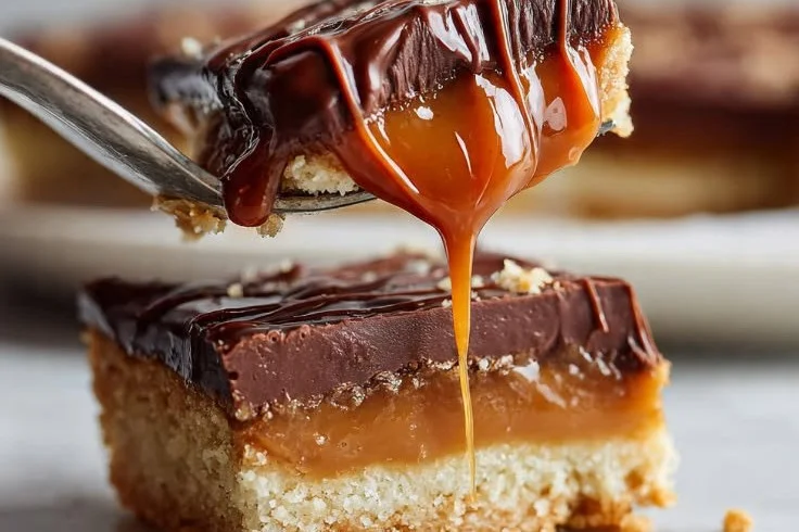 Delicious homemade Twix cookie bars featuring chocolate and caramel layers.
