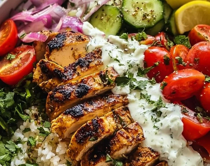 Tzatziki Chicken Bowl with fresh vegetables and sauce