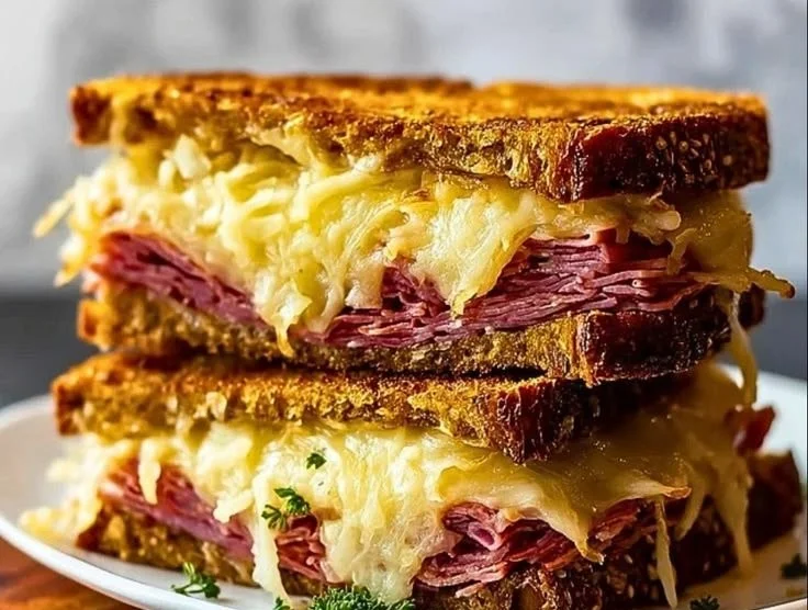 Delicious Reuben sandwich with corned beef, sauerkraut, and Swiss cheese on rye bread.