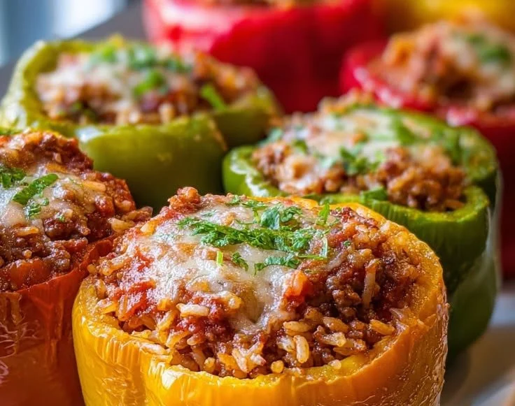 Bowl of unstuffed peppers with ground meat, rice, and vegetables