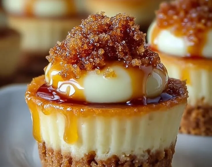 Vanilla bean crème brûlée cheesecake cupcake topped with caramelized sugar