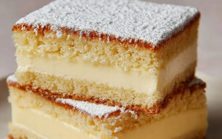 Delicious Vanilla Custard Cake Squares topped with creamy custard and vanilla flavor