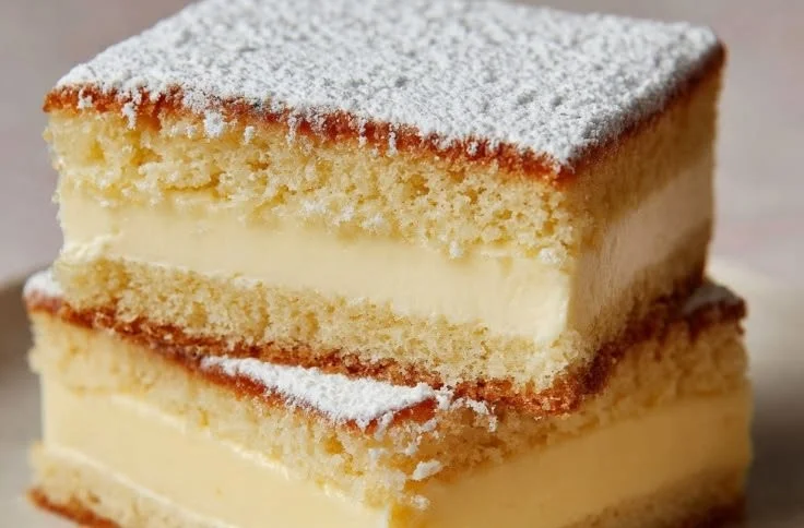 Delicious Vanilla Custard Cake Squares served on a plate, a perfect dessert treat.