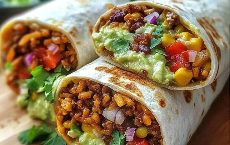 Colorful vegan burrito wraps filled with vegetables and plant-based ingredients.