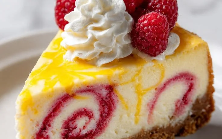 Zesty Lemon Raspberry Cheesecake with raspberry swirls on a dessert plate