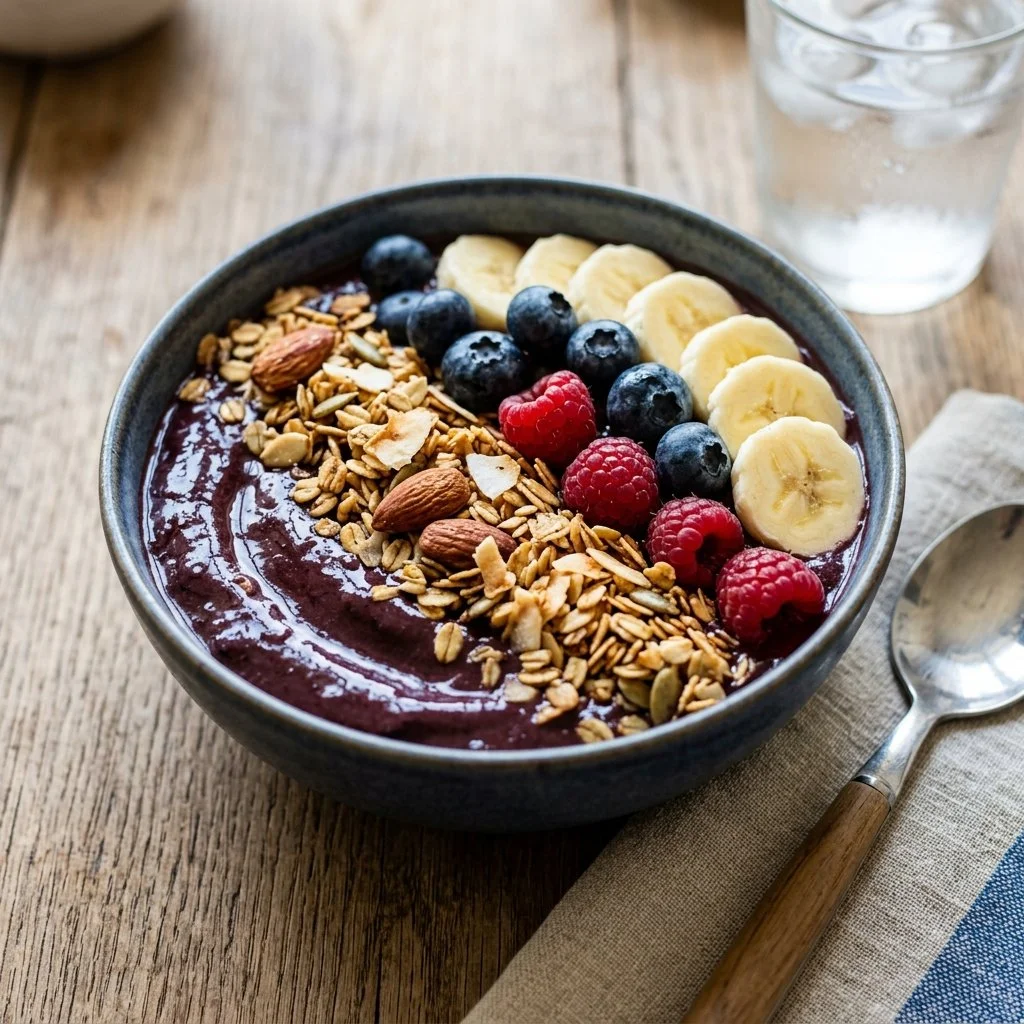 A delicious acai bowl topped with granola and fresh fruits