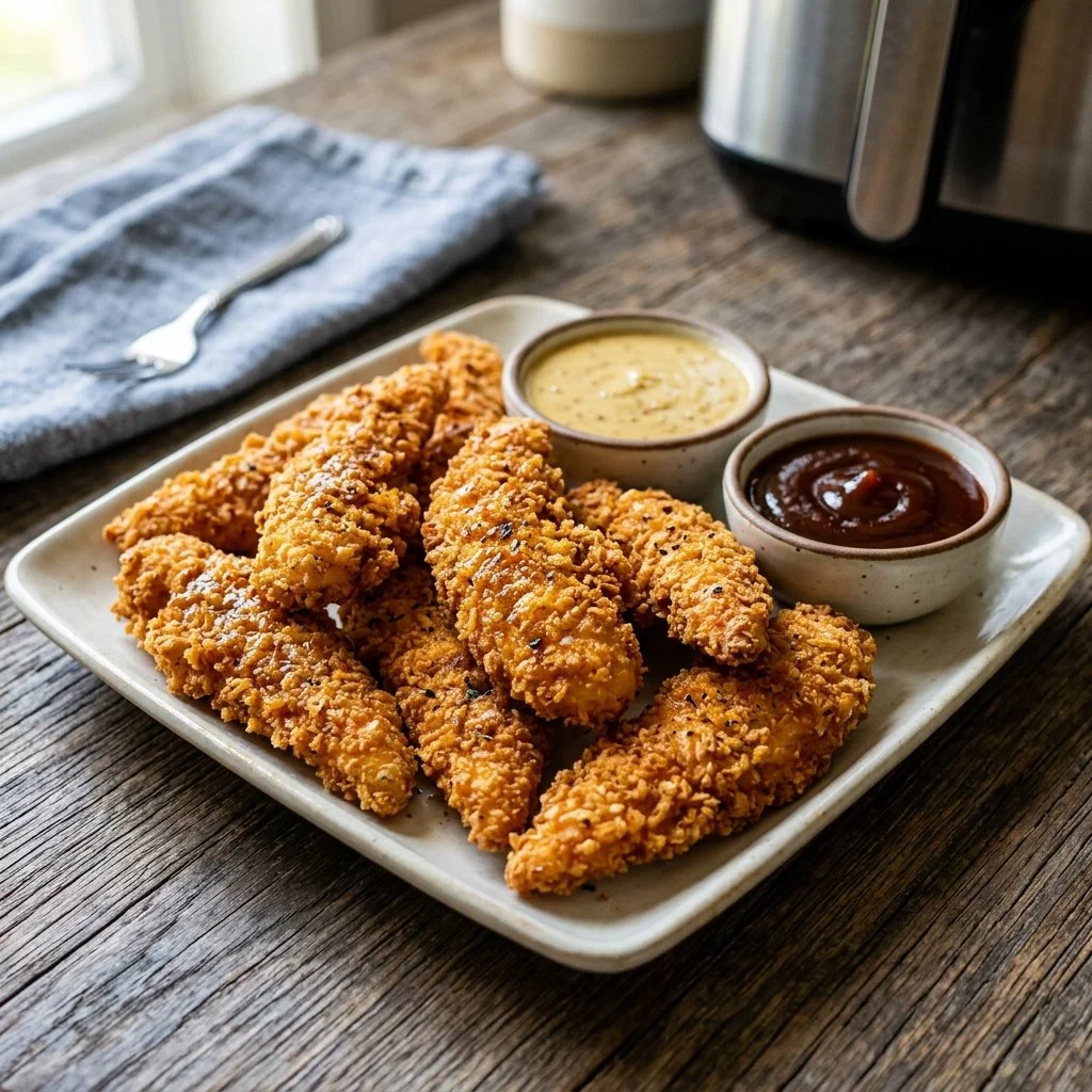 Crispy air fryer chicken tenders served with dipping sauce