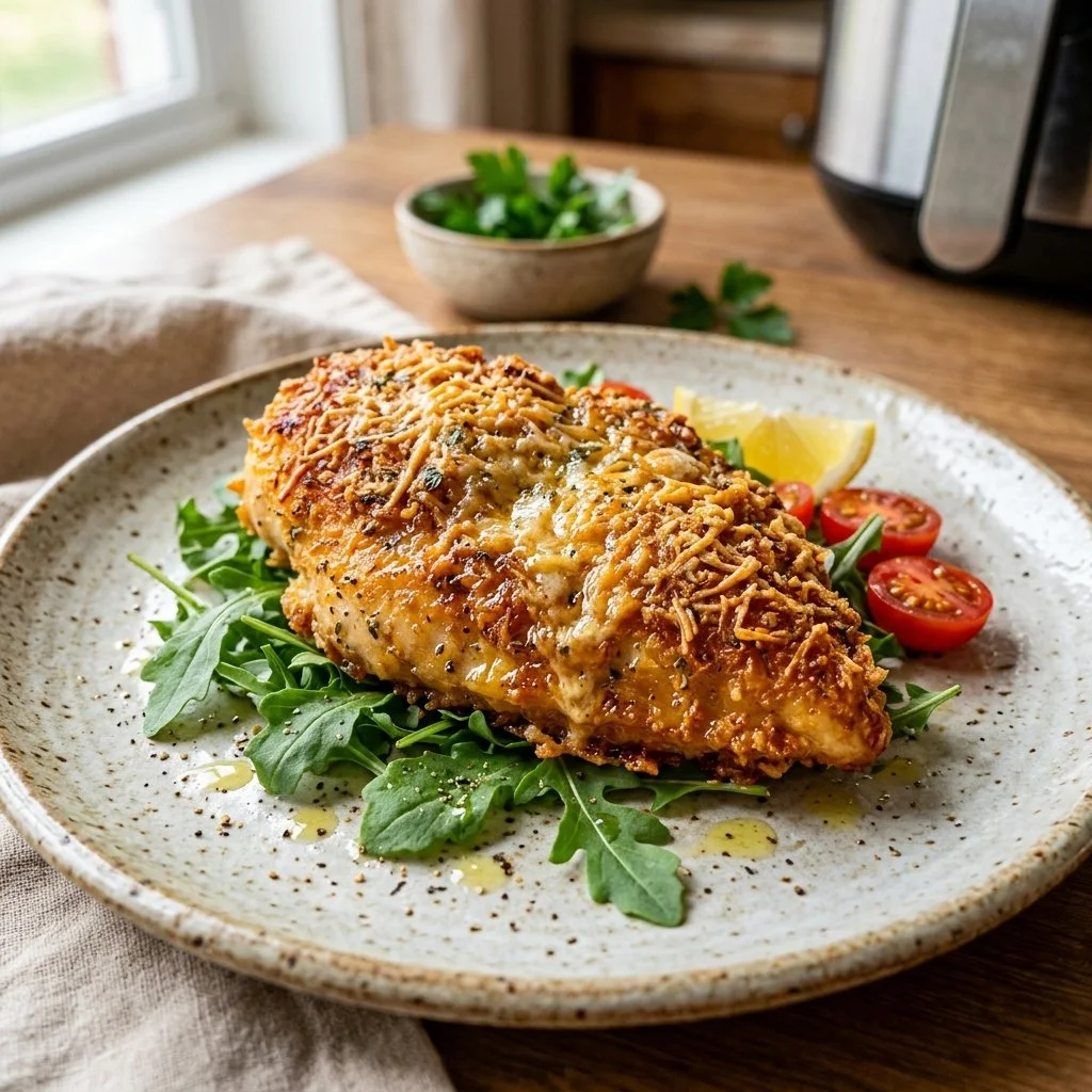 Air Fryer Parmesan Crusted Chicken served on a plate with herbs
