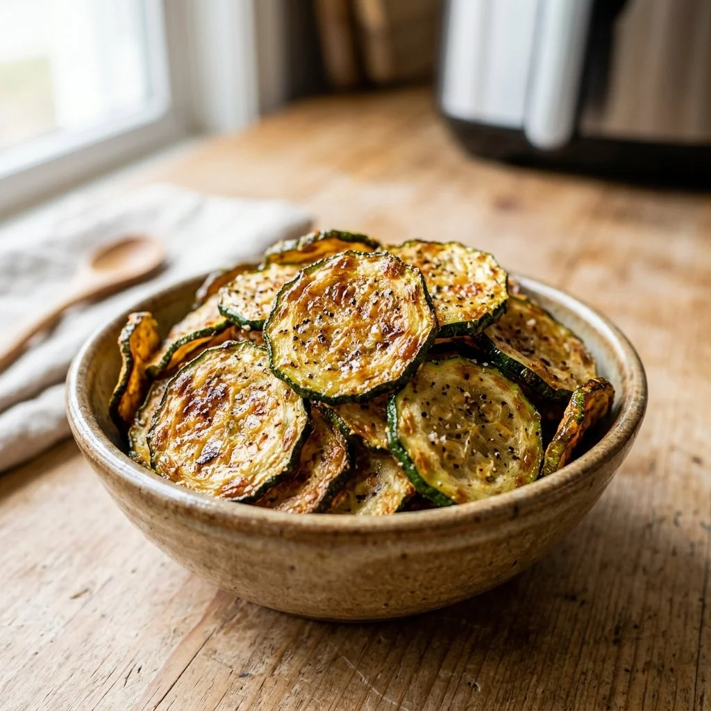 Homemade air fryer zucchini chips served in a bowl