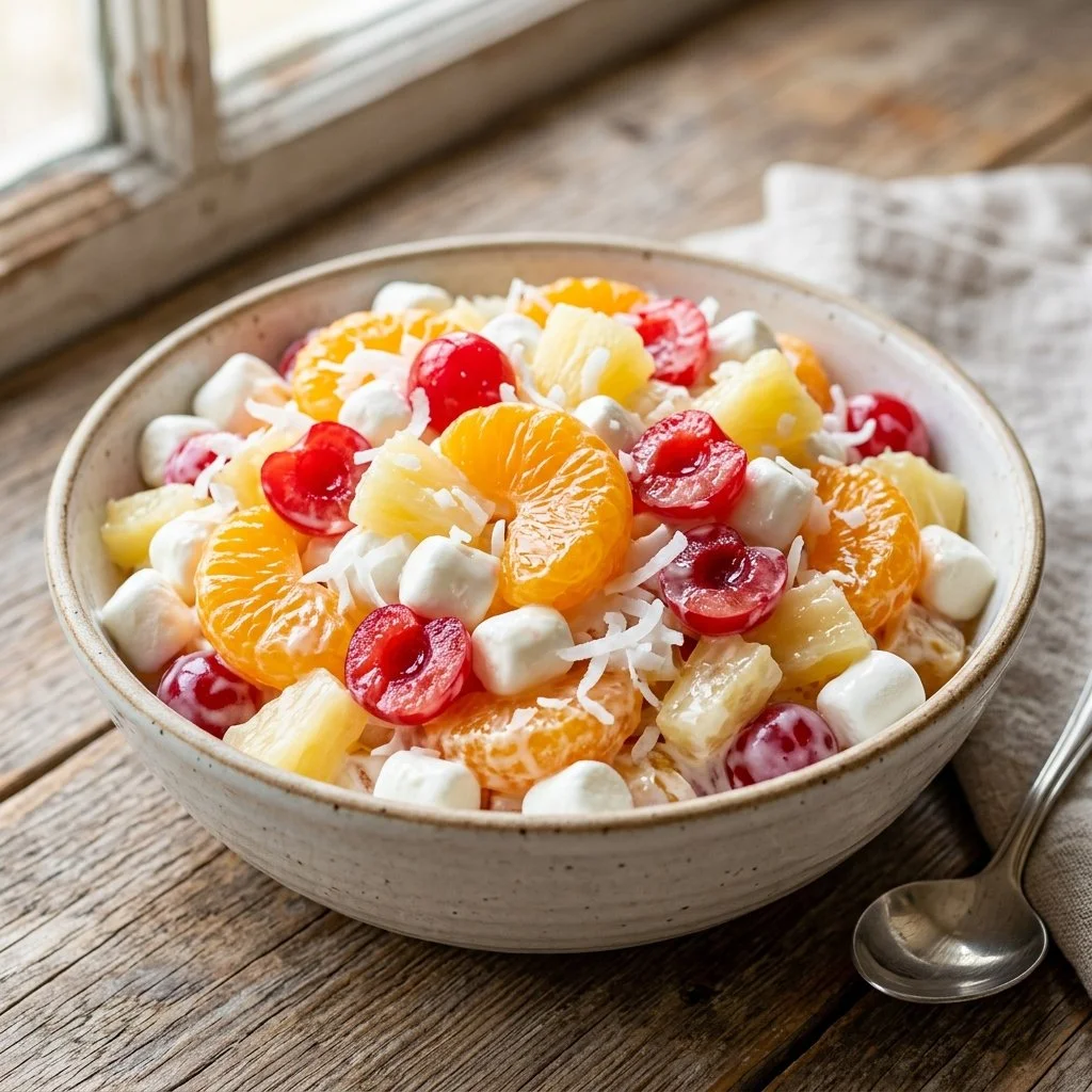 Ambrosia Fruit Salad with mixed fruits and creamy dressing