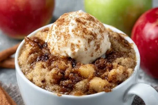 Delicious Apple Cinnamon Mug Cake served in a mug, topped with cinnamon and apples
