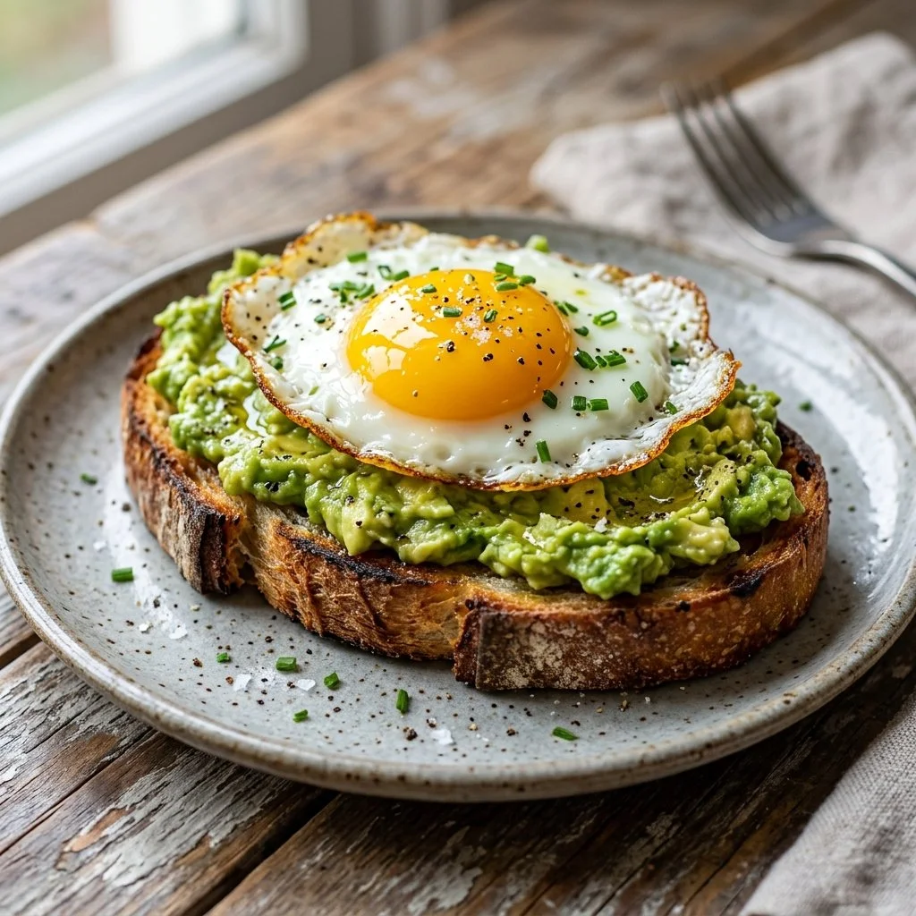 Tasty avocado toast topped with a perfectly cooked egg