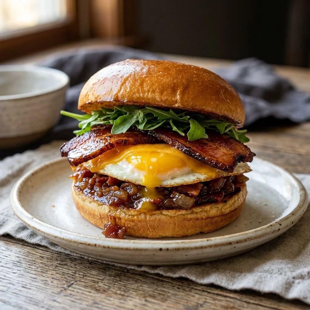 Bacon jam breakfast sandwich with egg and cheese on a toasted bun