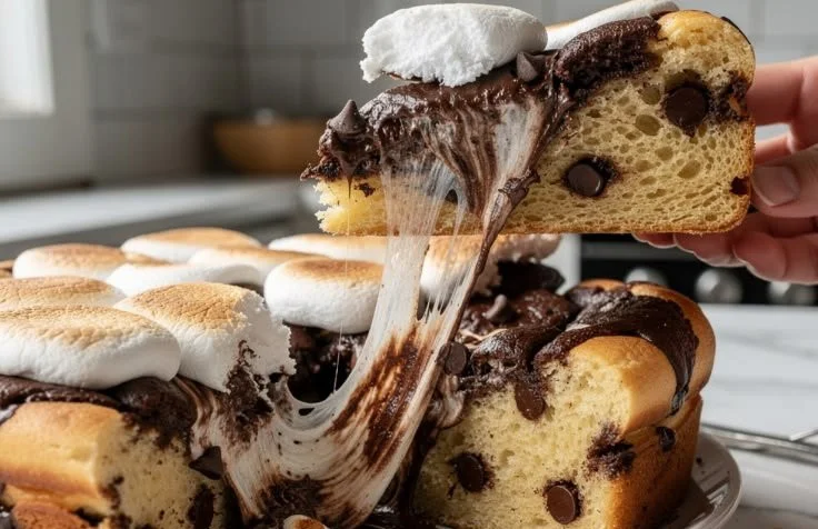Baked chocolate marshmallow pancake casserole topped with gooey marshmallows and chocolate