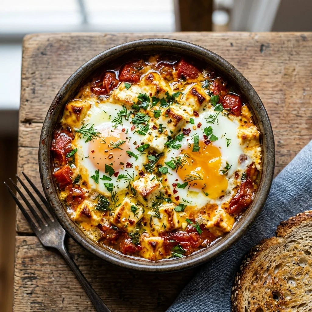 Delicious baked feta eggs served in a skillet with herbs