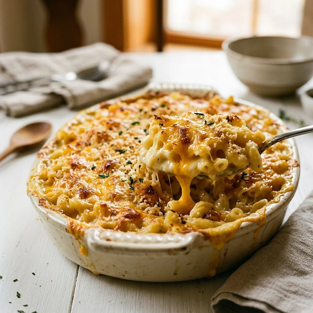 Delicious baked mac and cheese topped with breadcrumbs and melted cheese