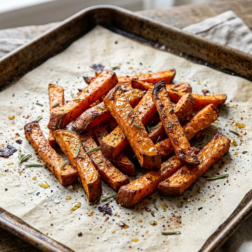 Crispy baked sweet potato fries on a plate garnished with herbs