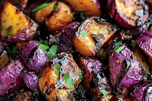 Delicious balsamic glazed purple potatoes served on a plate