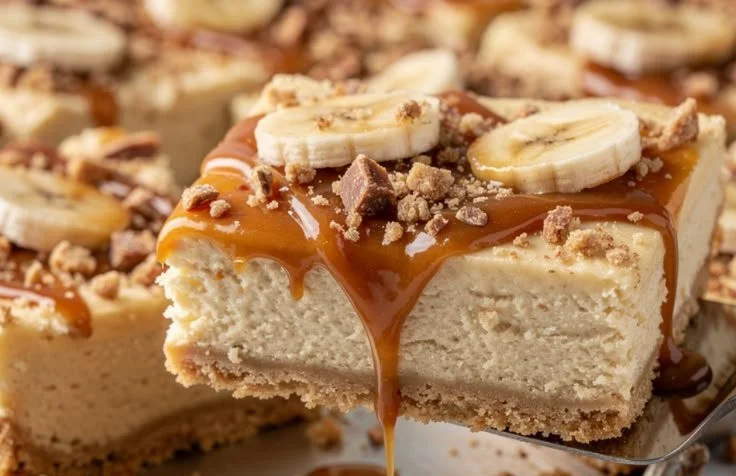 Delicious Banana Cheesecake Bars topped with banana slices and cream