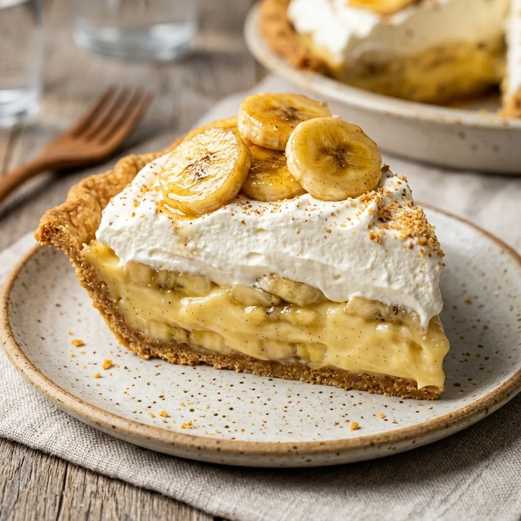 Delicious slice of homemade Banana Cream Pie topped with whipped cream and banana slices.