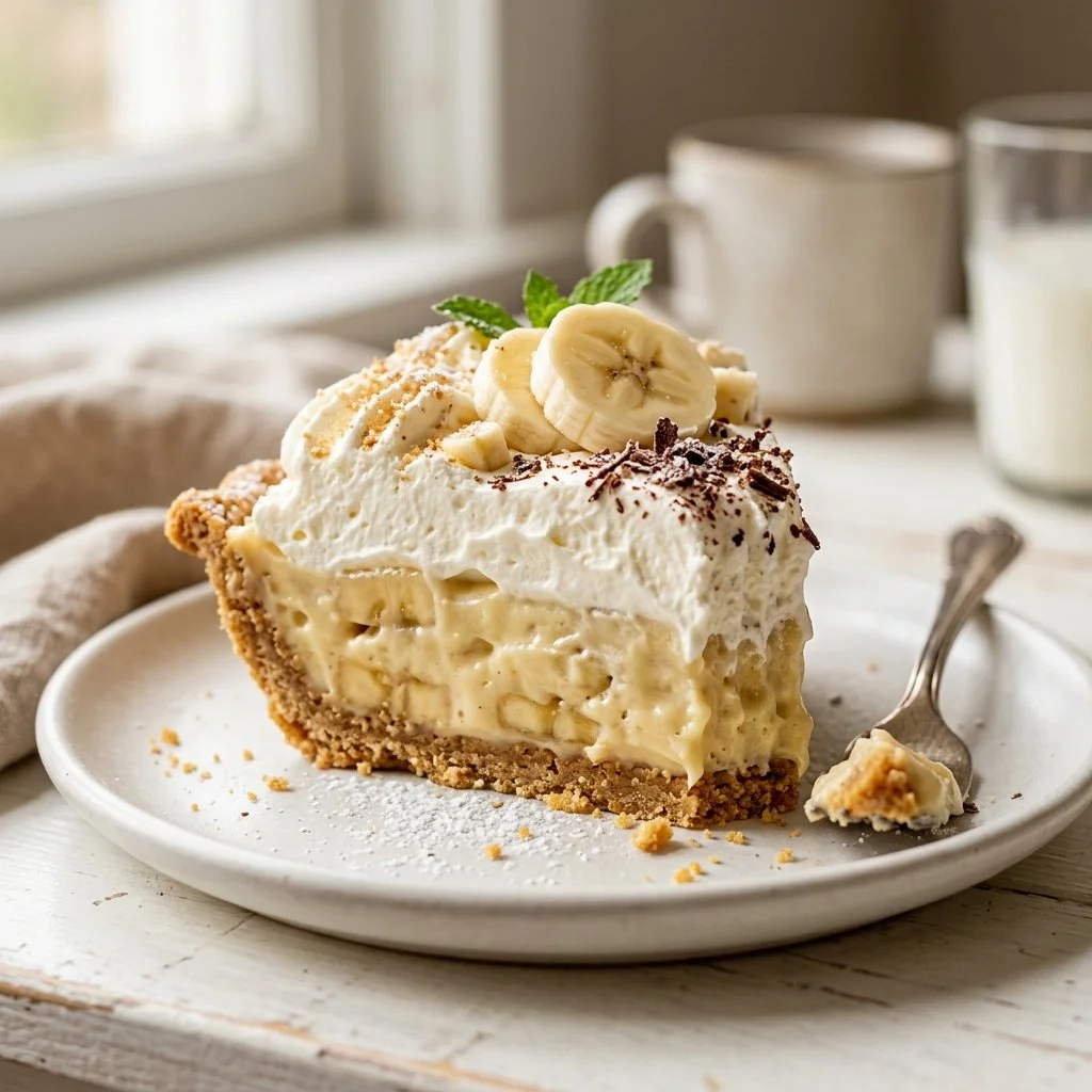 Delicious homemade Banana Cream Pie topped with whipped cream and slices of banana.