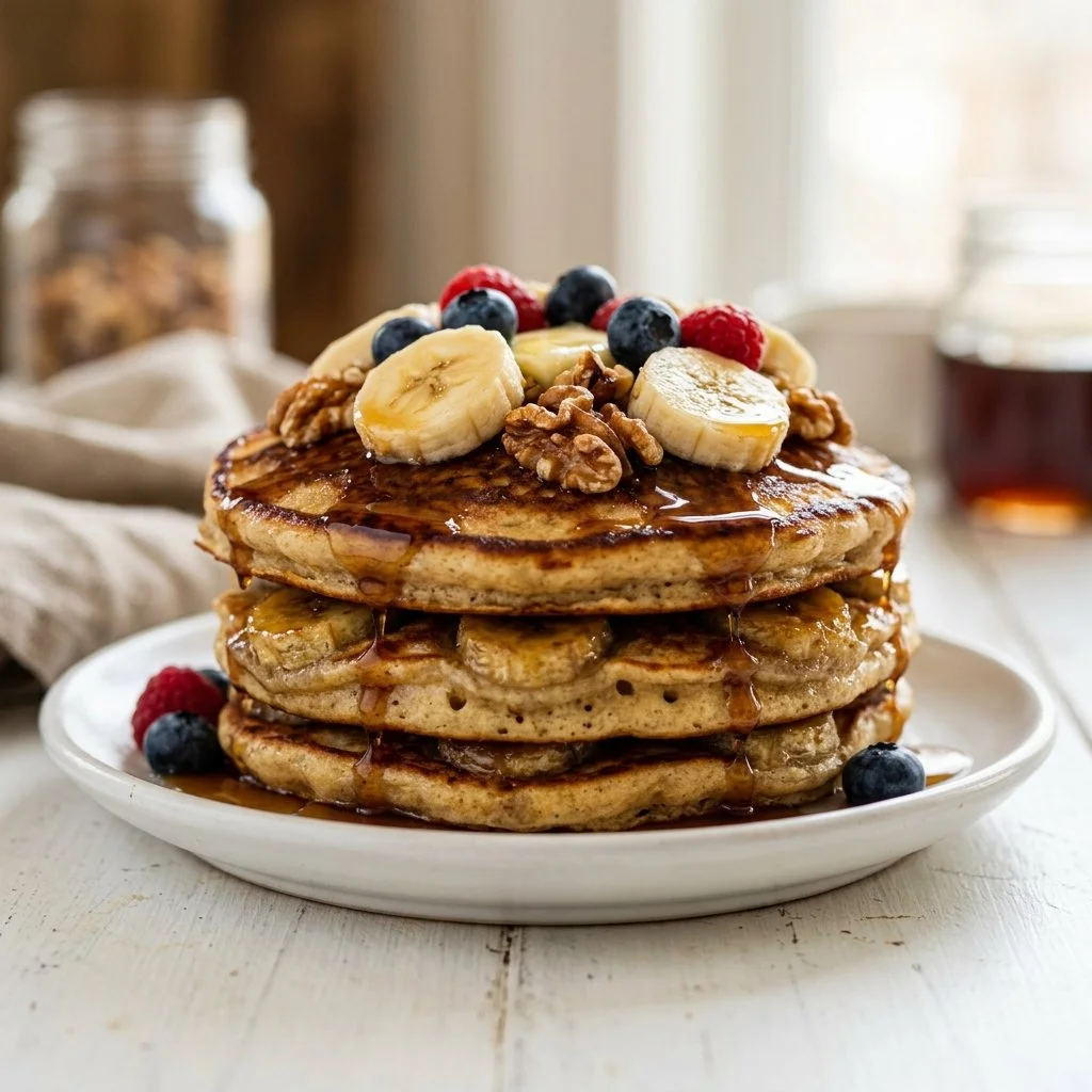 Delicious banana pancakes stacked on a plate with syrup and fresh banana slices