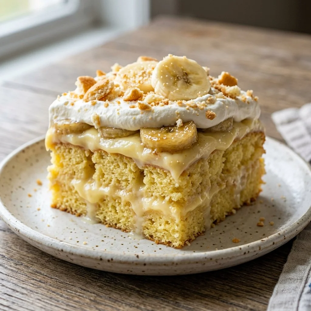 Delicious banana pudding poke cake topped with whipped cream and banana slices.