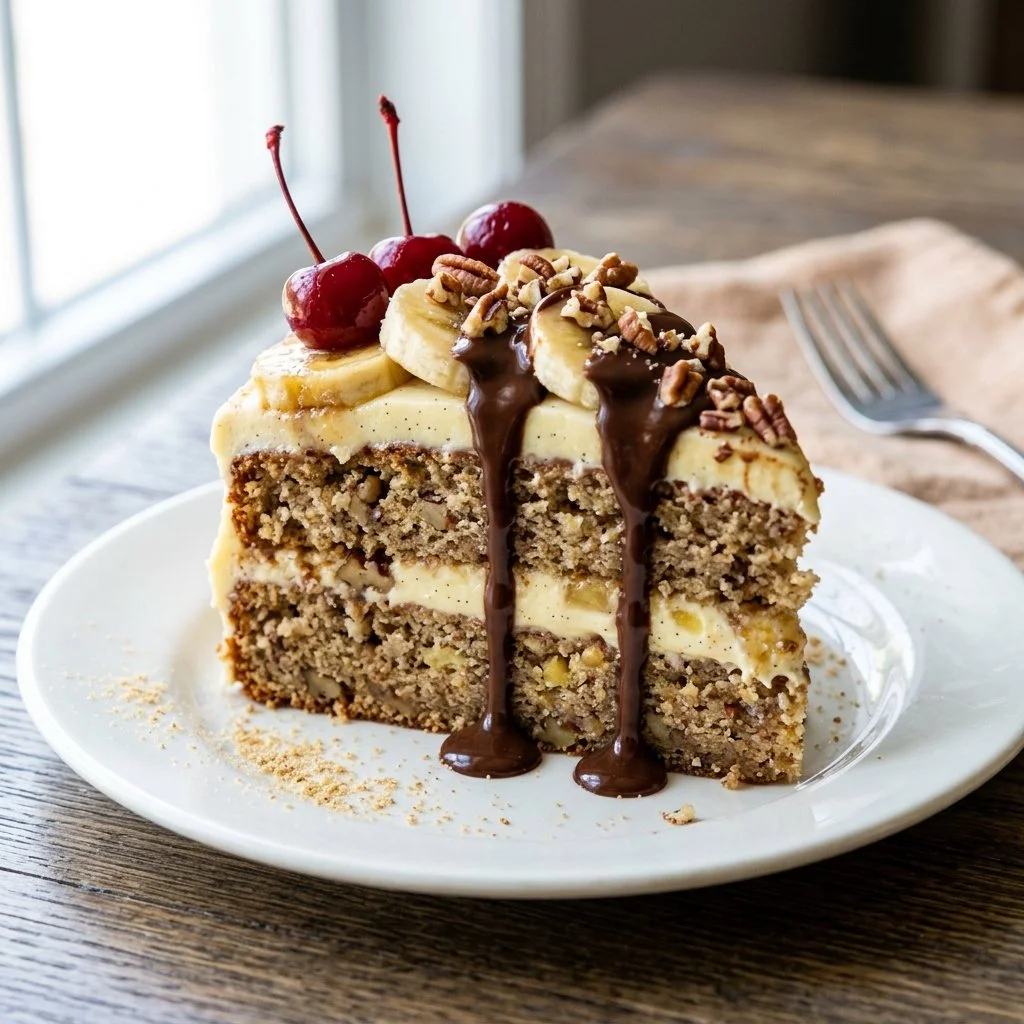 Deliciously layered Banana Split Cake topped with fruits and whipped cream