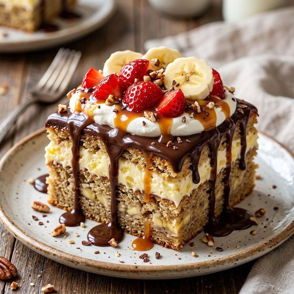 Delicious Banana Split Cake with layers of ice cream and fresh bananas.