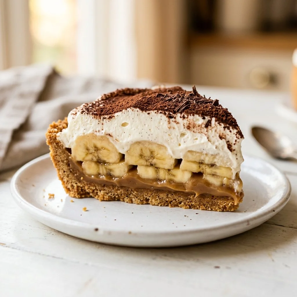 Deliciously layered Banoffee Pie with bananas, toffee, and whipped cream.