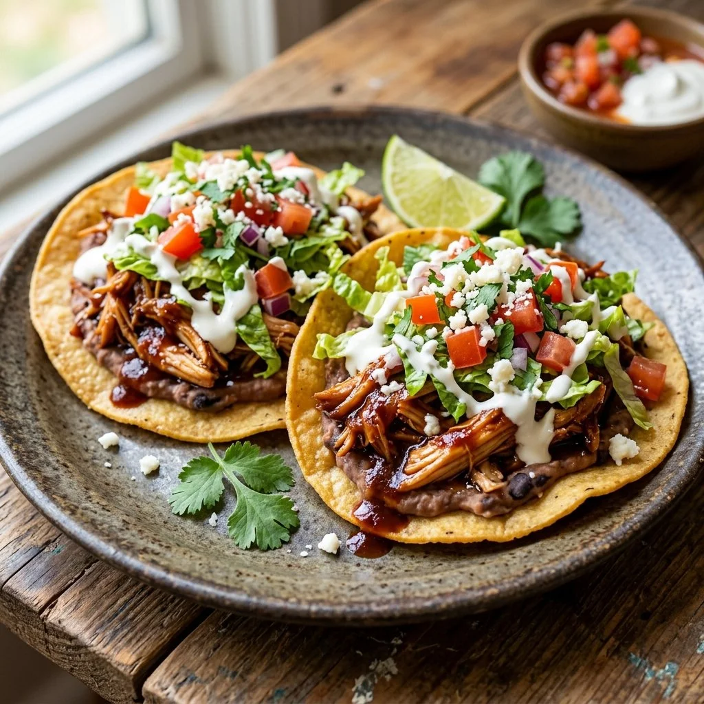 Delicious BBQ chicken tostadas topped with fresh ingredients and served on crispy shells.