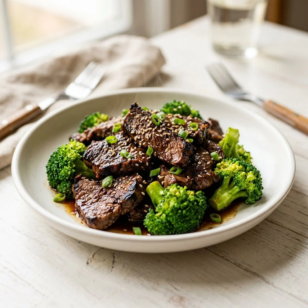A plate of beef and broccoli stir-fry served with rice