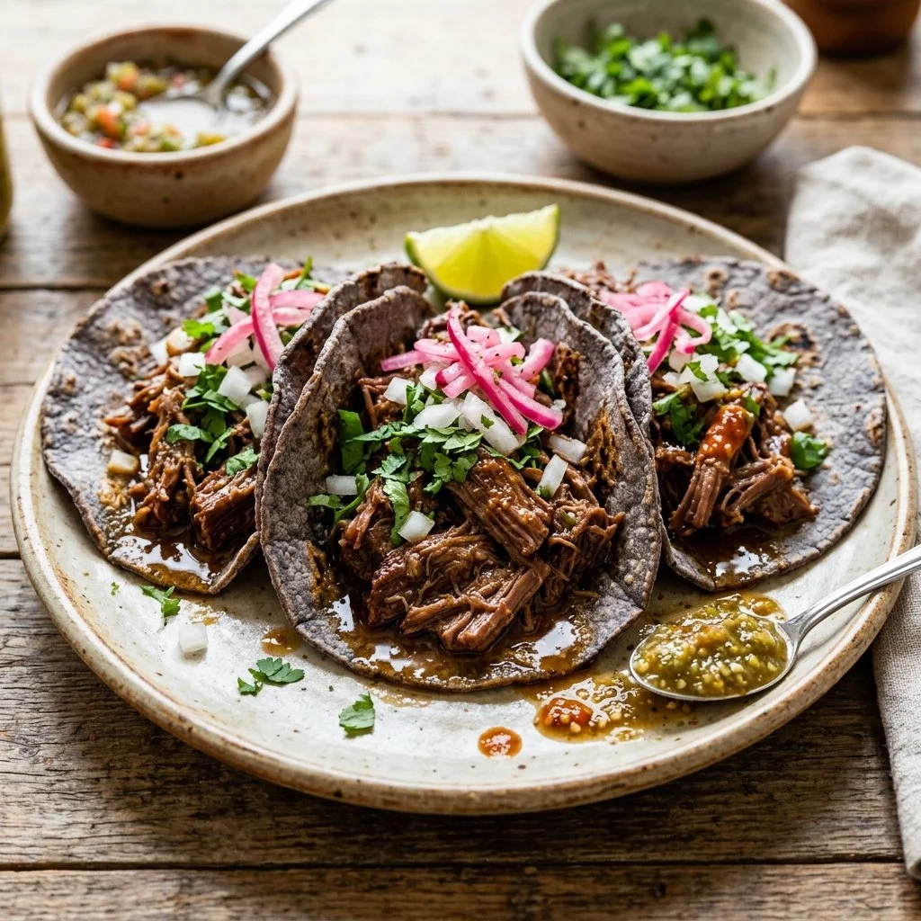 Delicious beef barbacoa tacos topped with fresh cilantro and onions