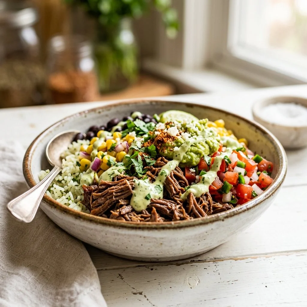 Delicious beef burrito bowls garnished with fresh ingredients